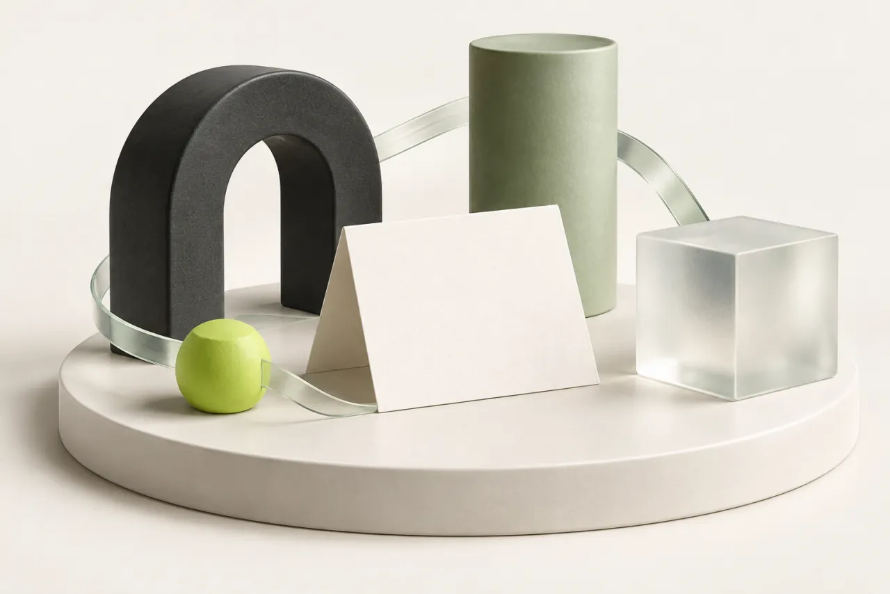 A blank folded card, charcoal arch, sage cylinder and glass cube linked by a transparent ribbon.