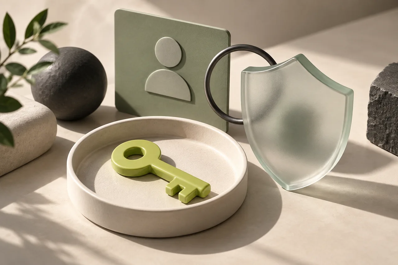 A lime key resting inside an ivory tray beside a frosted-glass shield and a sage profile card.