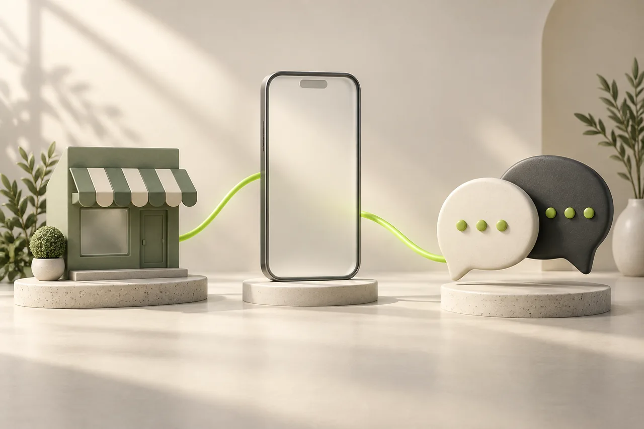 A lime path linking a small storefront, a frosted phone-shaped frame and two ceramic speech bubbles.