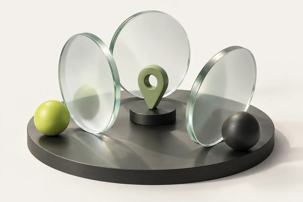Angled glass viewing discs surround a sage location pin between lime and charcoal spheres.