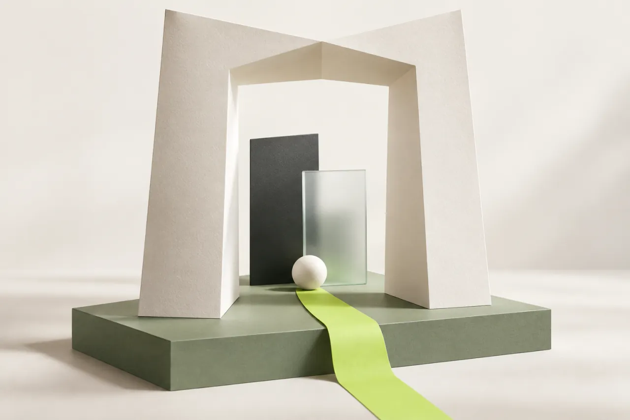 A lime ribbon leads through a folded ivory paper opening toward blank panels and an ivory sphere.