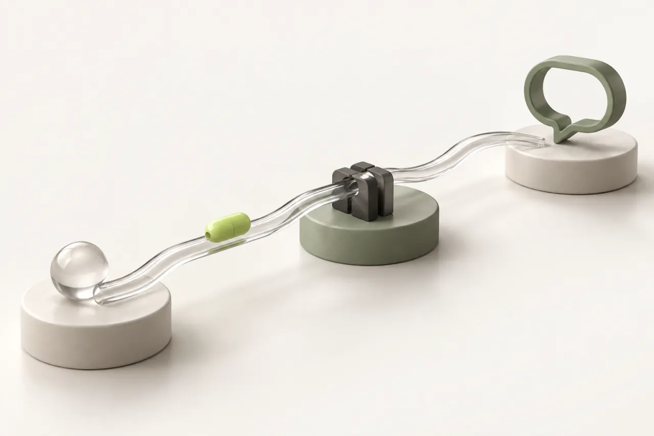 A lime capsule rests on a glass track linking three platforms and an empty sage conversation bubble.