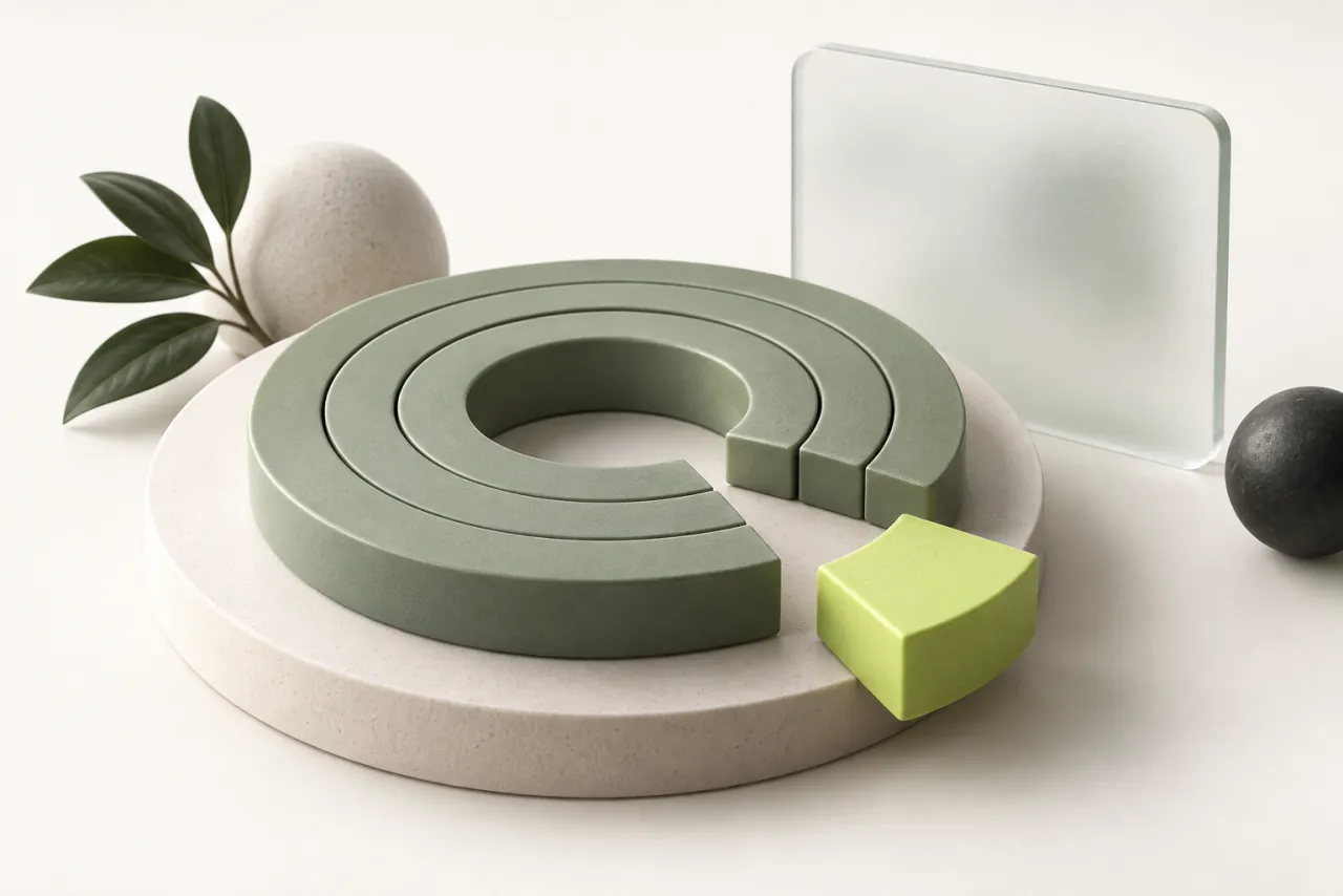 A lime segment sits beside a gap in concentric sage ceramic rings with a blank glass tile behind them.