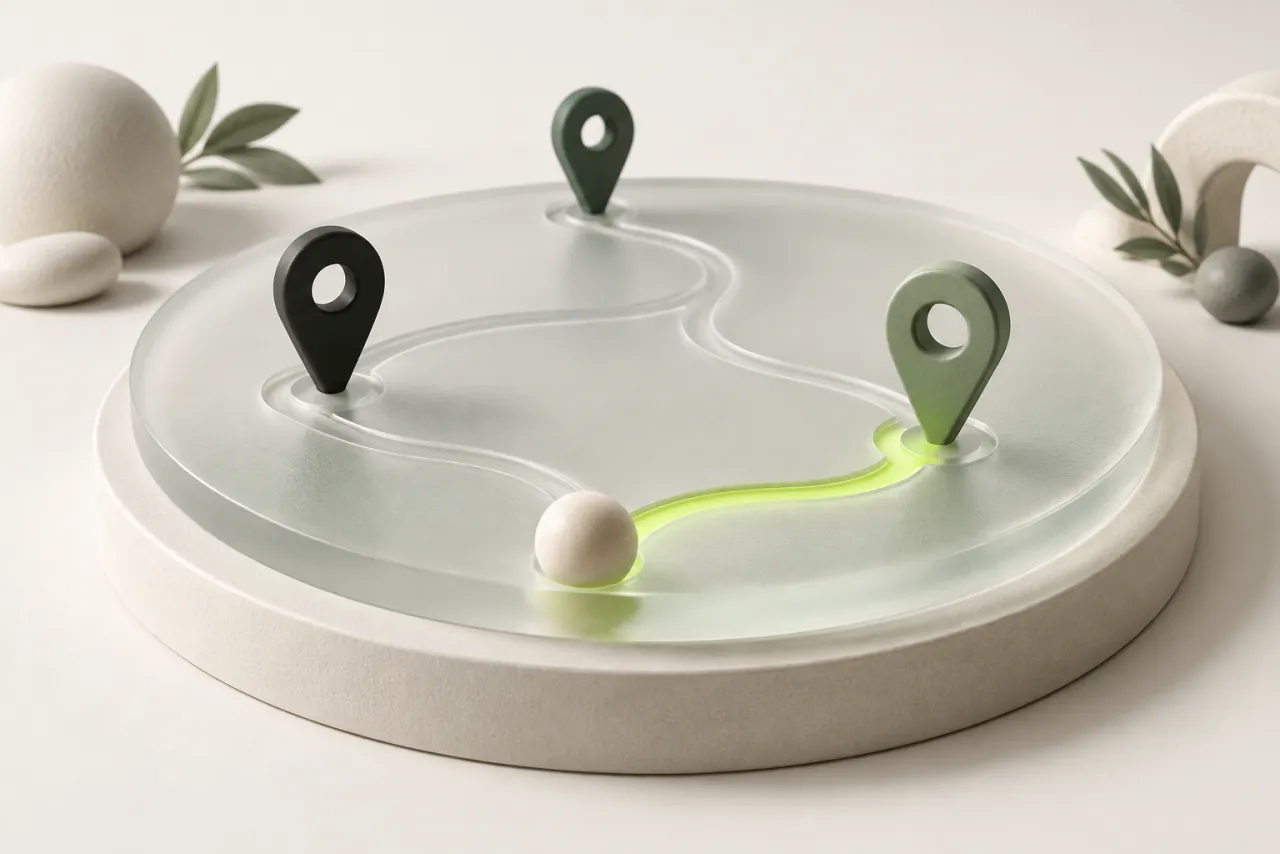 Three location pins stand on a glass disc with a lime route connecting an ivory sphere to the nearest pin.