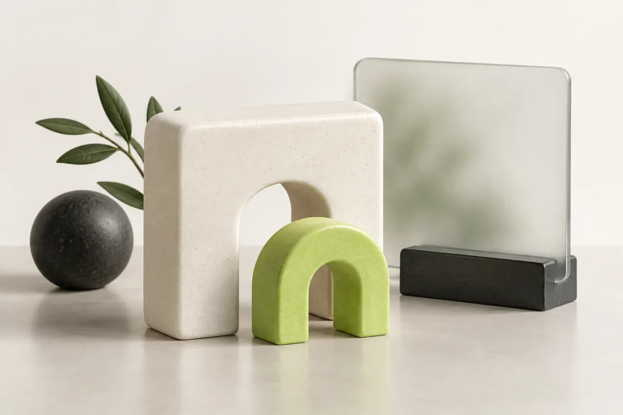A lime ceramic arch stands before an ivory arch-shaped opening beside a blank frosted-glass tile.