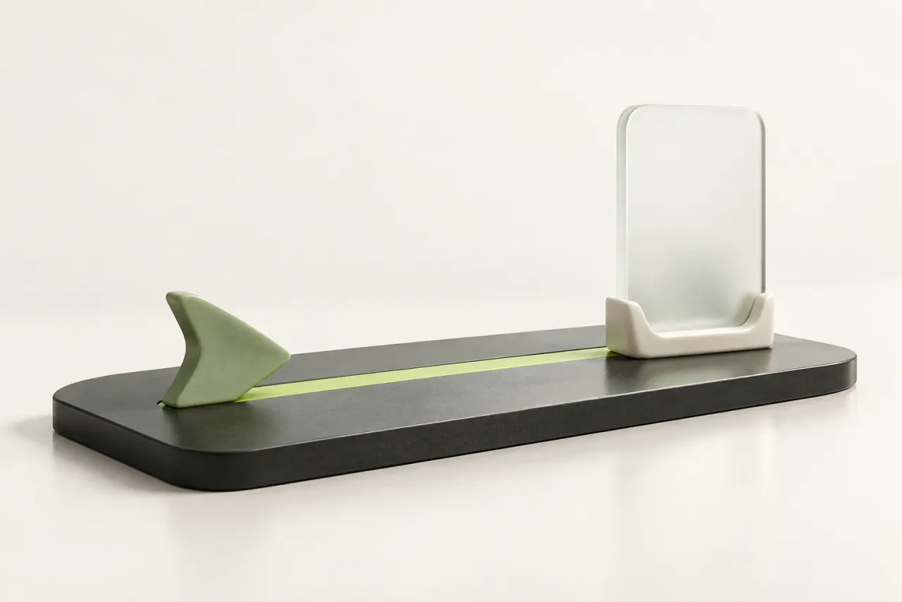 A sage directional form aligns a lime path with a blank frosted-glass panel on a graphite platform.