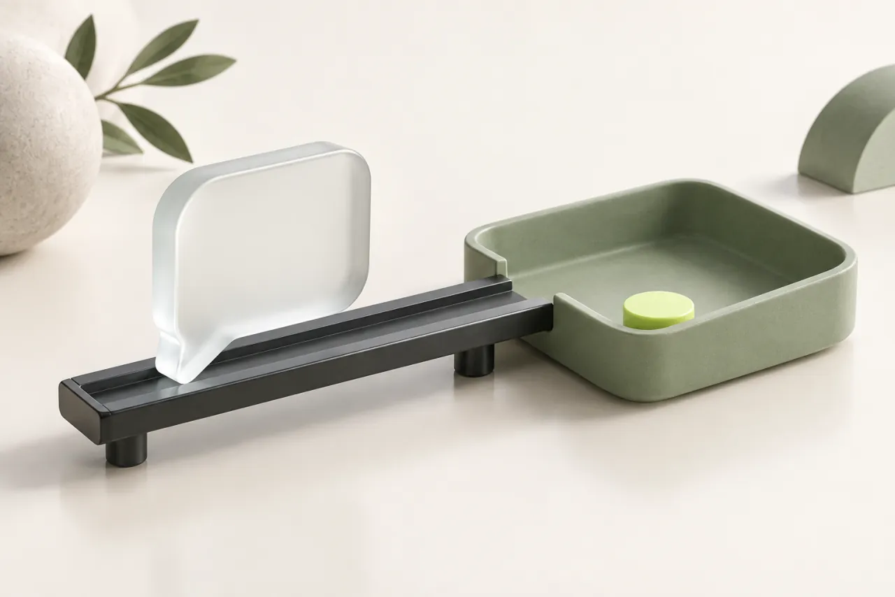 A blank glass message tile passes along a charcoal rail into an open sage tray beside a lime marker.