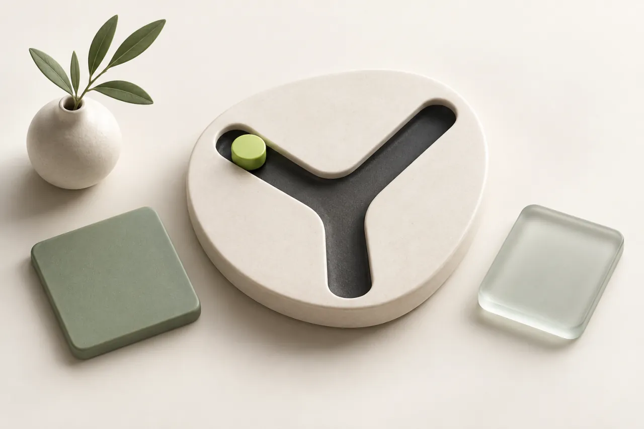 A lime marker rests in one branch of a charcoal sculptural fork beside blank sage and frosted-glass planning tiles.