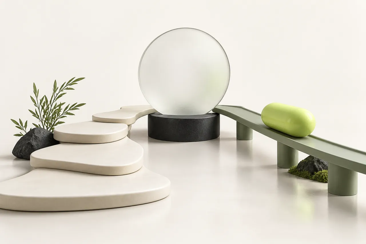 Two contrasting sculptural paths meet beside a frosted-glass disc on a charcoal base.