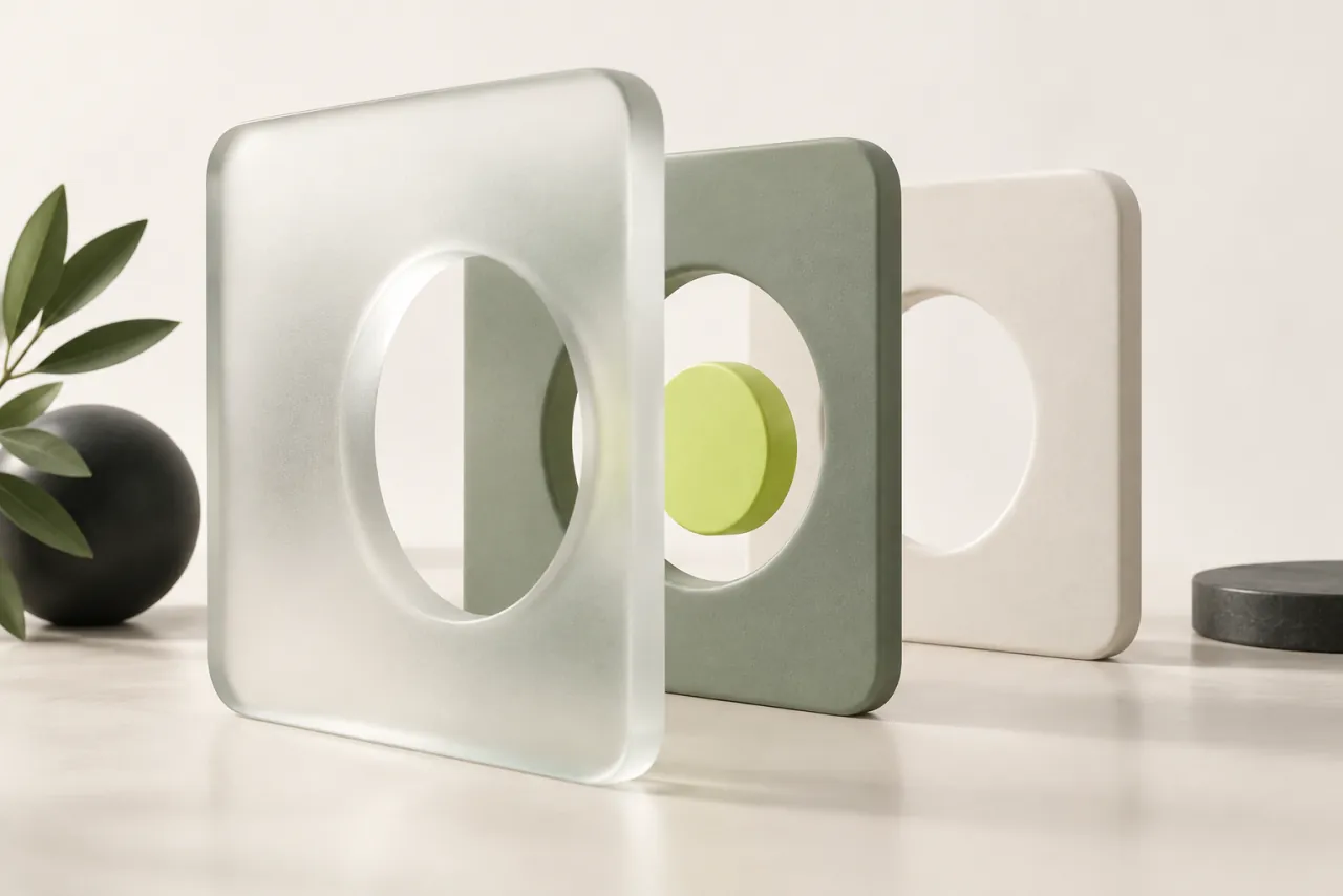 Frosted-glass, sage and ivory panels frame a lime disc through aligned circular openings.