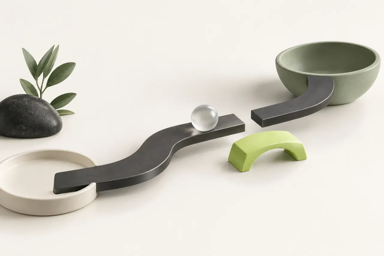A graphite pathway has a small gap before a sage receiving bowl, with a lime bridge piece resting nearby.