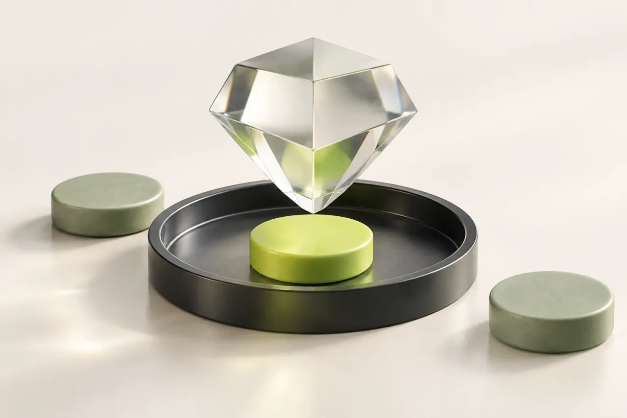 A clear glass inspection prism rests over a lime token and a graphite collection tray.