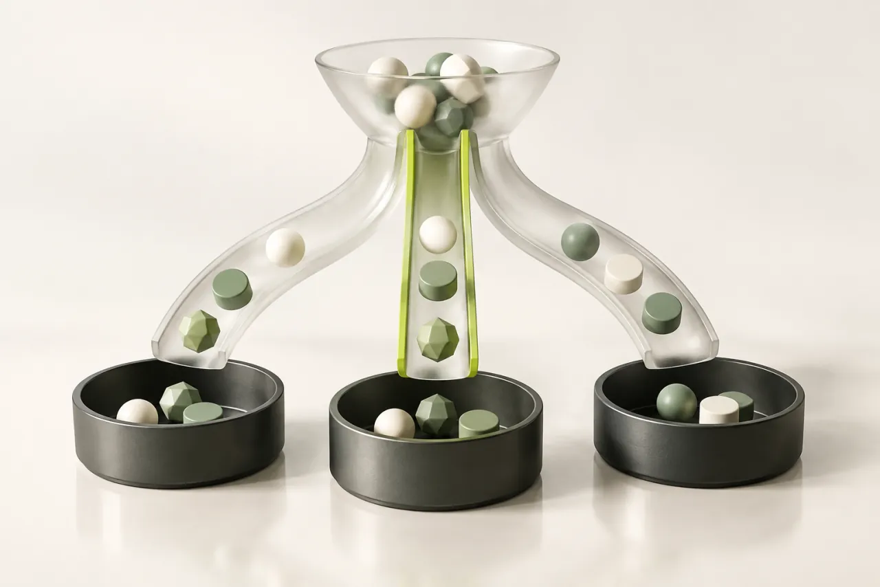 Glass channels guide small ceramic tokens into separate graphite collection vessels with lime accents.