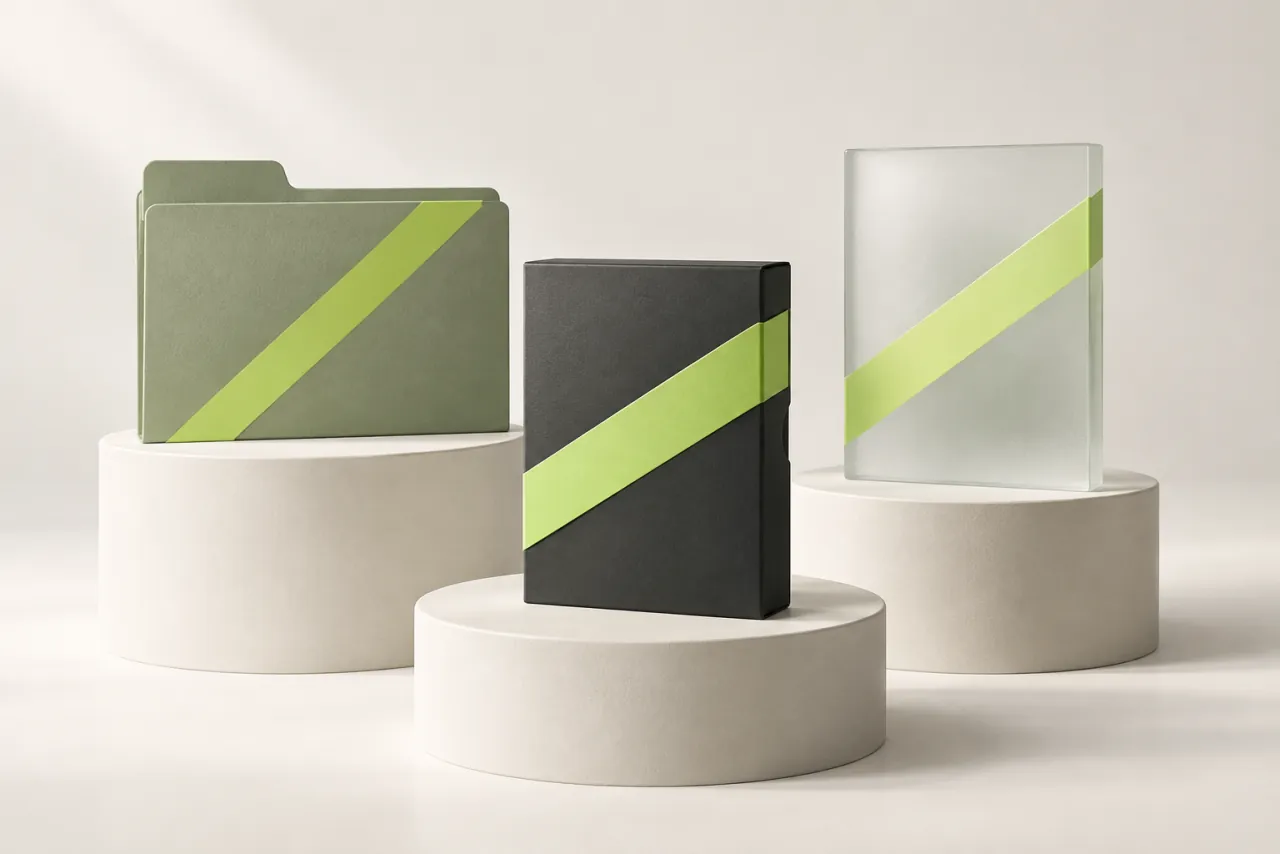 A sage folder, graphite package sleeve and glass panel each carry the same lime diagonal band.