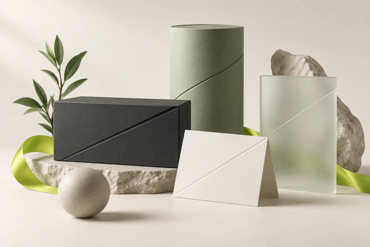 Blank graphite packaging, a sage cylinder, an ivory card and glass panel share a diagonal detail.