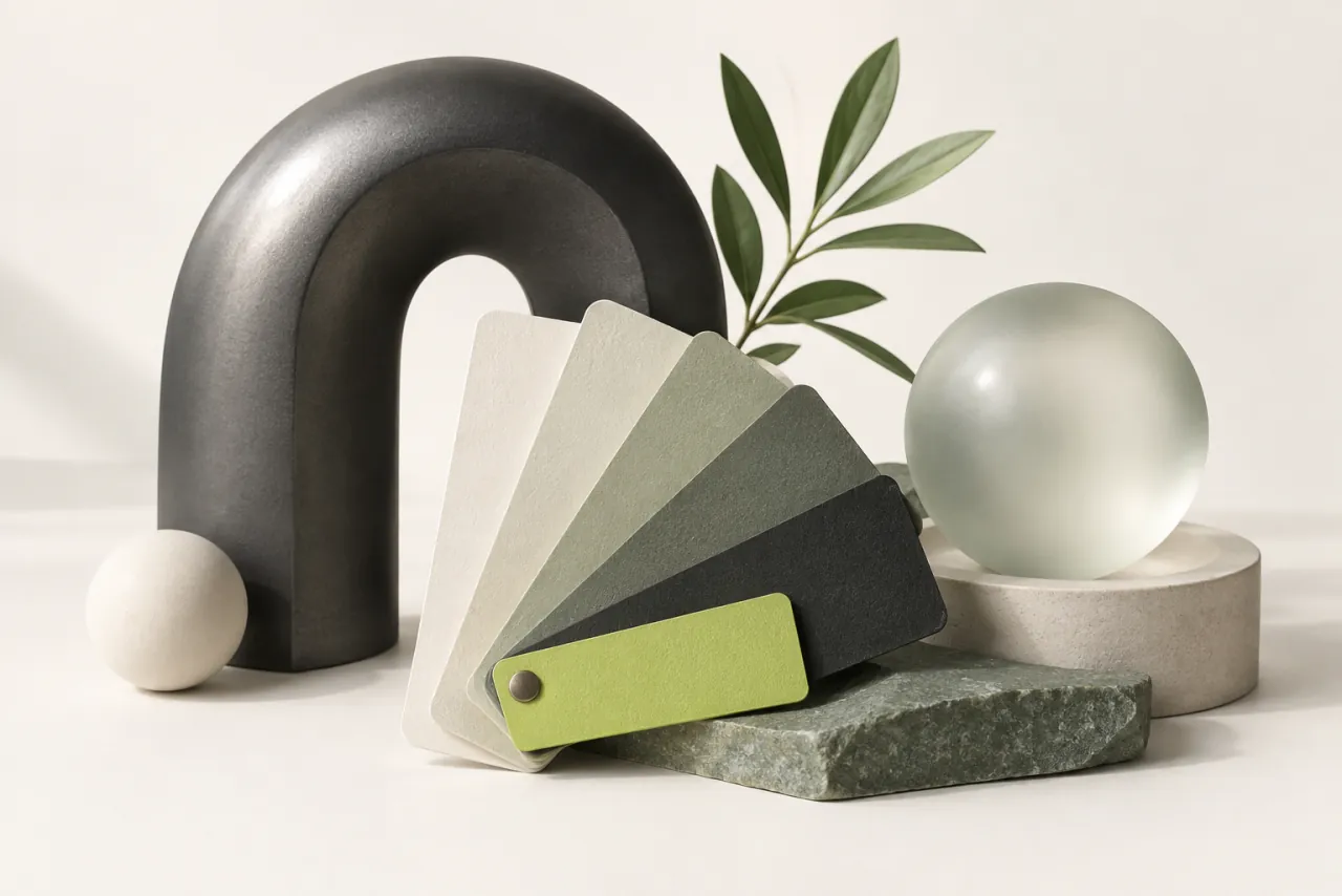 Unmarked ivory, sage, charcoal and lime material swatches beside a graphite arch and frosted-glass sphere.