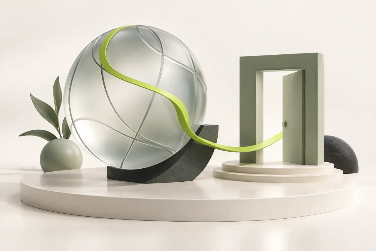 A lime ribbon winds around an abstract glass globe and continues through an open sage doorway.