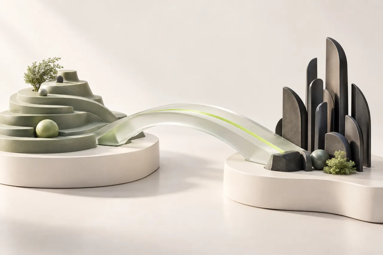 A glass bridge with a lime inlay connects sculptural sage terraces and charcoal vertical forms.