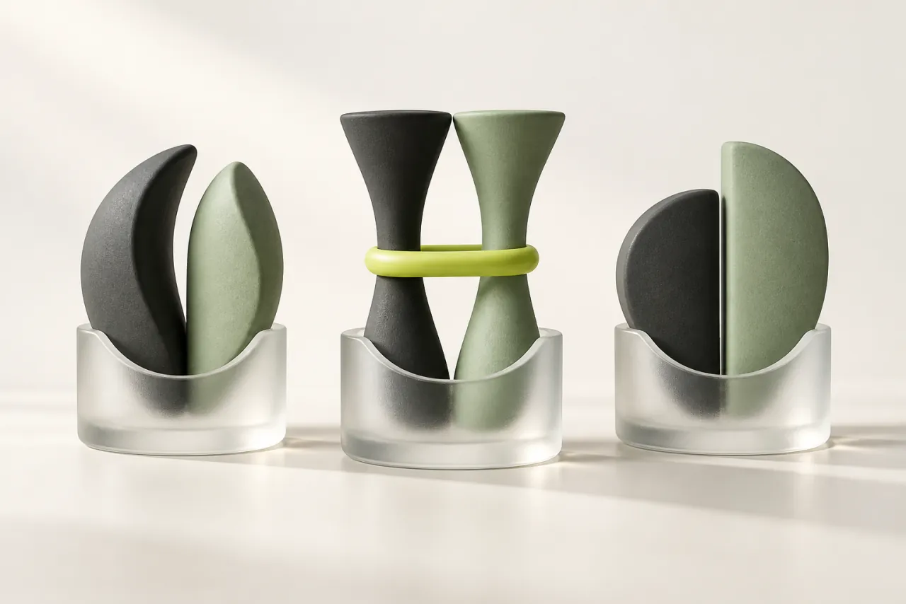 Three pairs of complementary charcoal and sage shapes fit into glass sockets, joined by a lime ring.