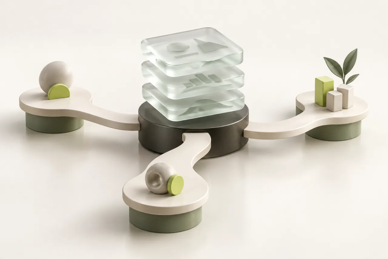 Glass evidence tiles connect through sage supports to three different lime-accented ceramic paths.