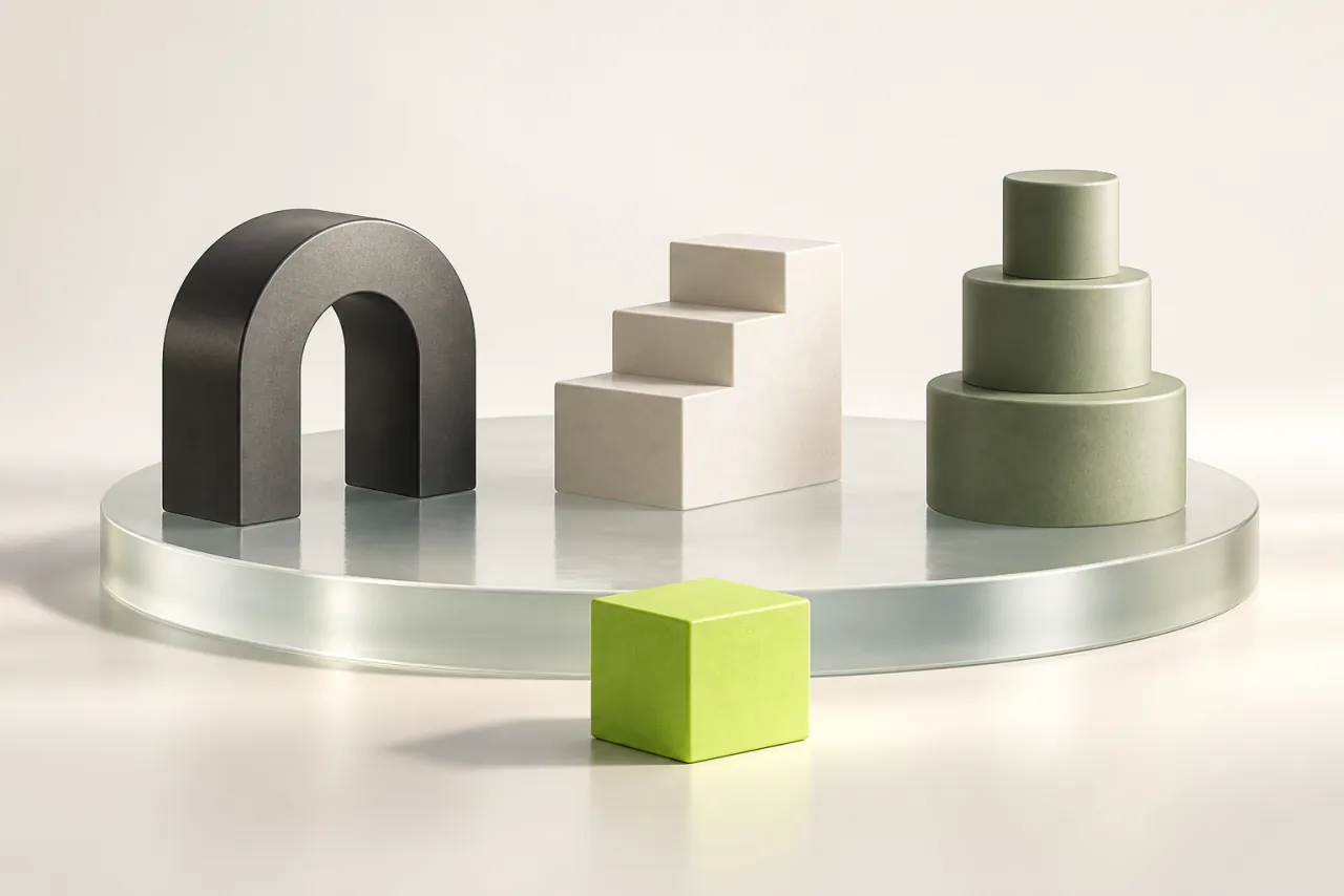 Distinct graphite and ceramic structures stand on a shared glass comparison platform with a lime reference block.