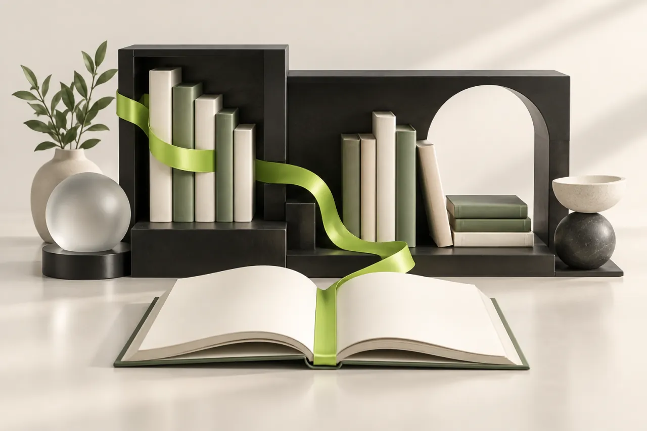 A sculptural shelf of ivory booklets is connected by a continuous lime ribbon, with one open volume in the foreground.
