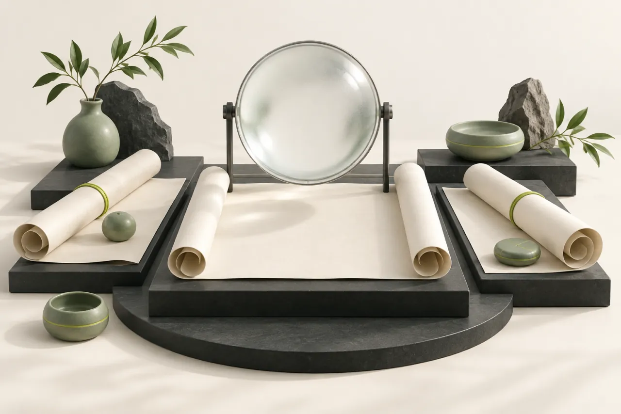 Three gently unrolled ivory reference scrolls sit beneath a frosted glass lens, organised with sage weights and lime bands.