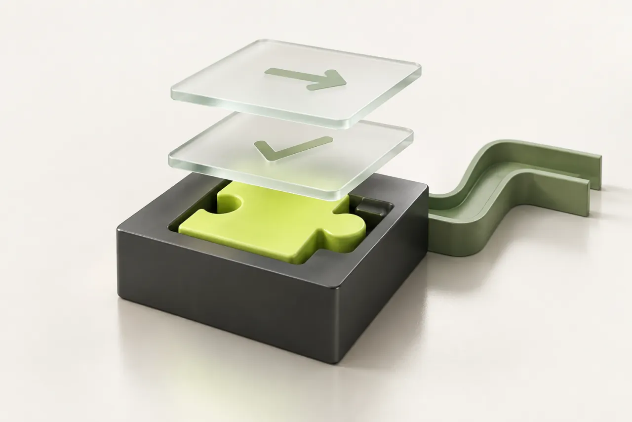A lime ceramic piece sits in a graphite receiving block beside glass inspection layers.