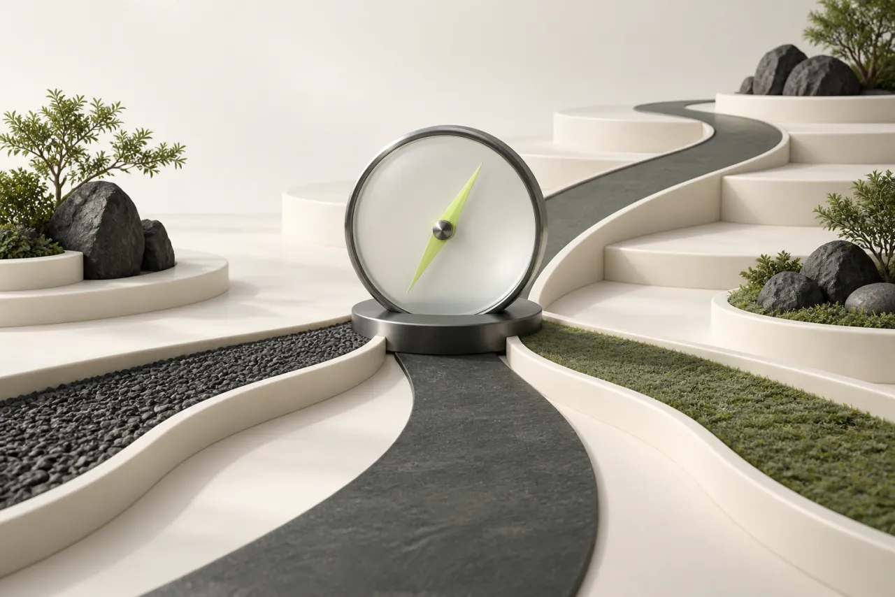 Unmarked glass compass with a lime needle where three sculptural paths meet.