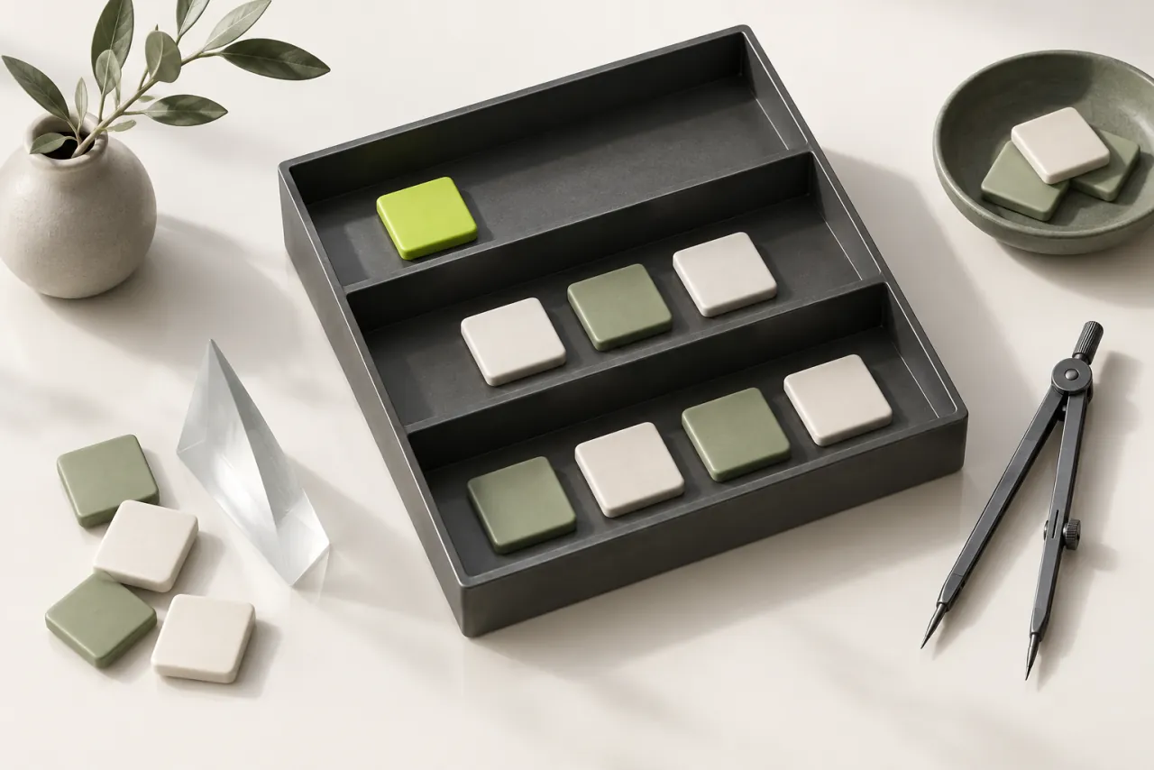 Graphite sorting tray holding ivory and sage tiles, with one lime tile on the first step.