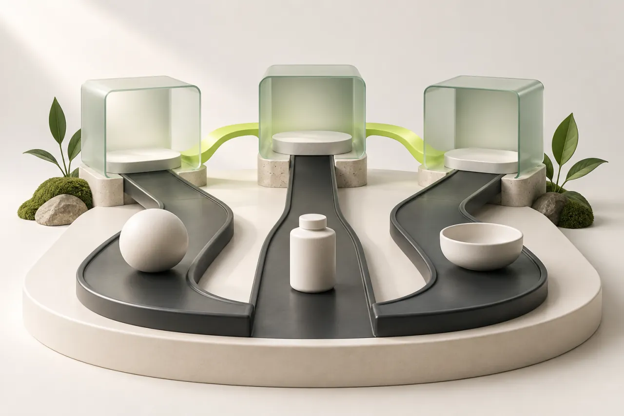 Three dark product routes leading to glass display compartments linked by a lime ribbon.