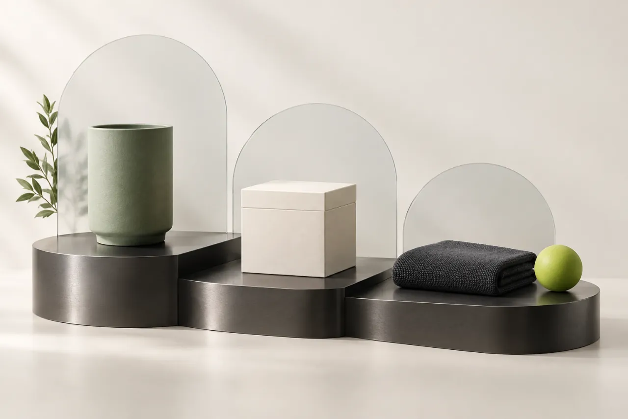 A sage vessel, ivory box and folded charcoal fabric arranged on stepped shelves with glass arches.