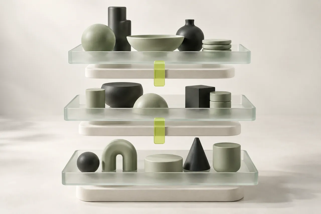 Three floating glass trays holding organised groups of ceramic product shapes with lime divider tabs.