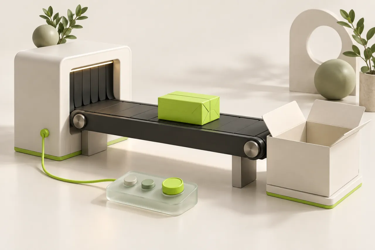 A lime parcel travels along a charcoal track between an ivory packing station and an open package, connected to a frosted control panel.