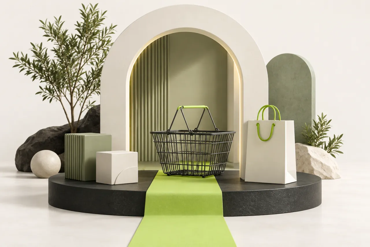 An ivory storefront arch frames a charcoal shopping basket and geometric product packages linked by a lime path.