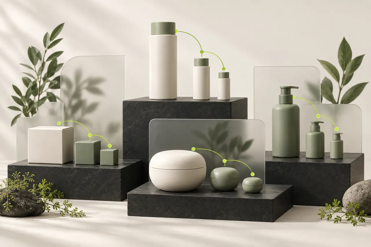 Geometric product forms are arranged on charcoal display plinths with frosted dividers and lime connectors.