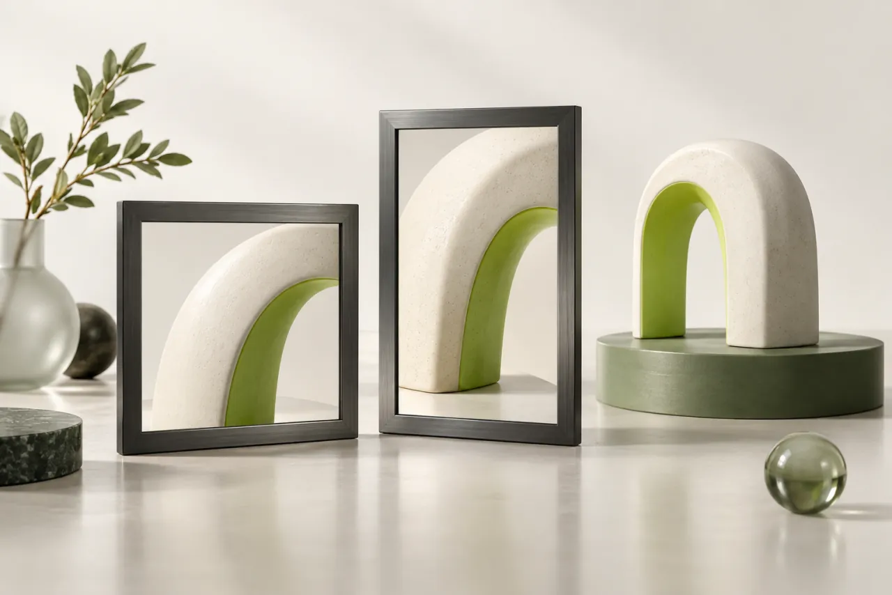 Square and portrait graphite frames presenting cropped views of a matching ceramic arch.