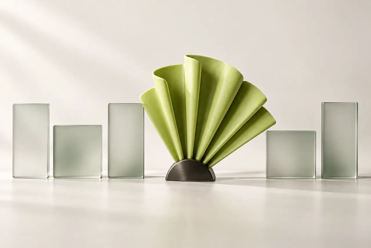 Lime ceramic folded fan standing among frosted-glass slabs of different proportions.