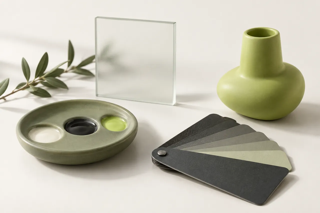 Ceramic colour palette, material swatches and a glass framing square arranged around a lime object.