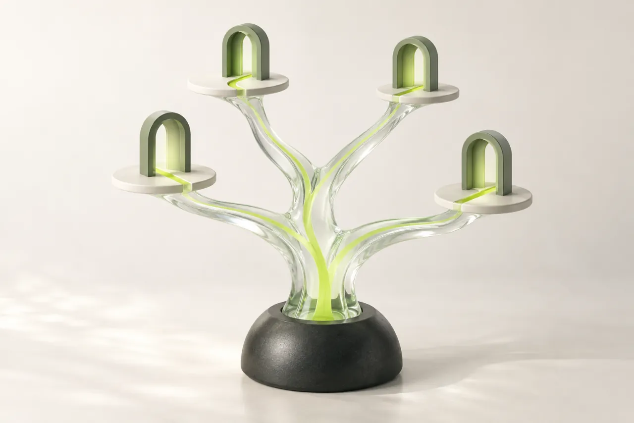 A branching glass sculpture carrying lime paths to four elevated sage doorways.
