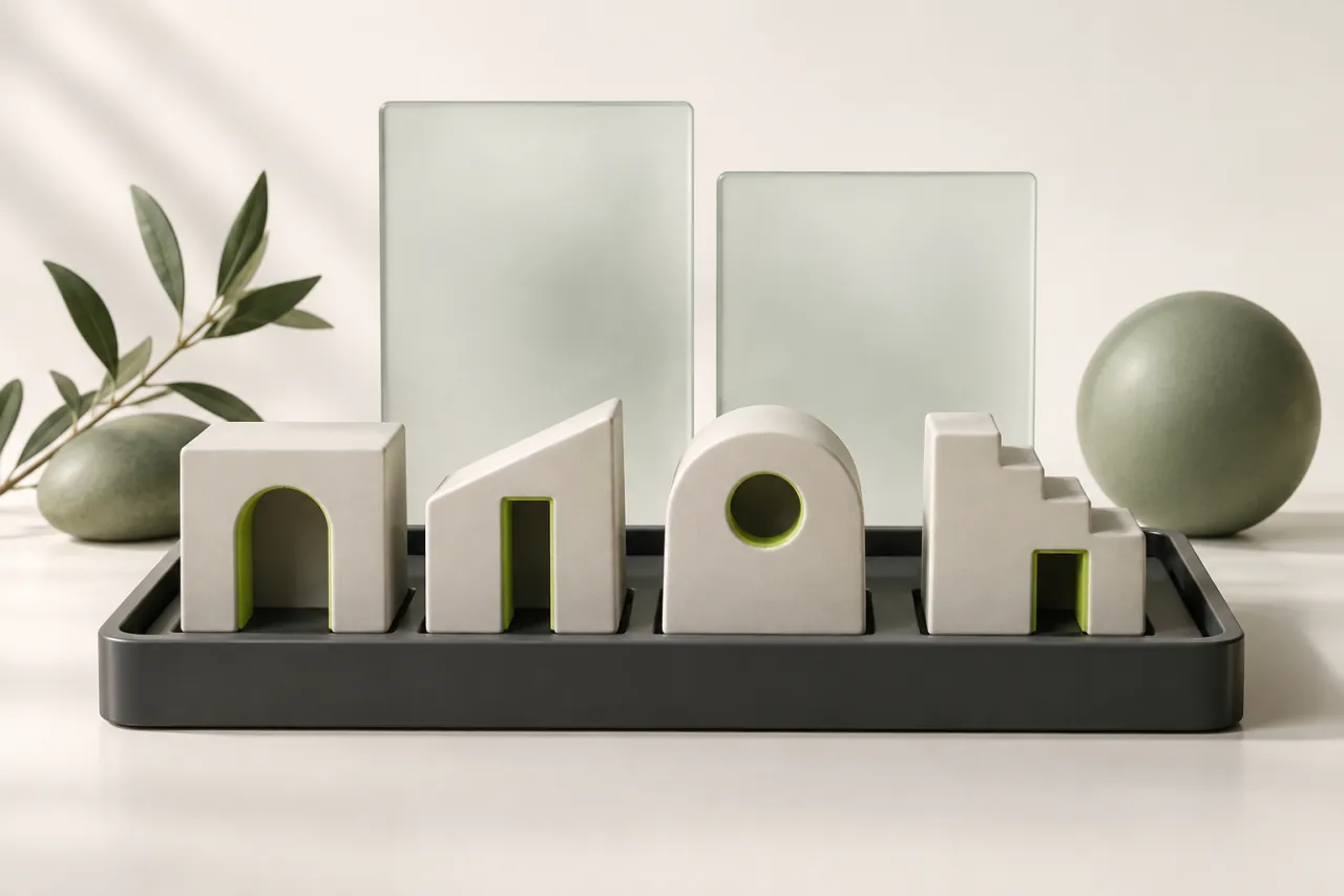 Four ceramic architectural modules with matching lime entrance details arranged on a graphite tray.