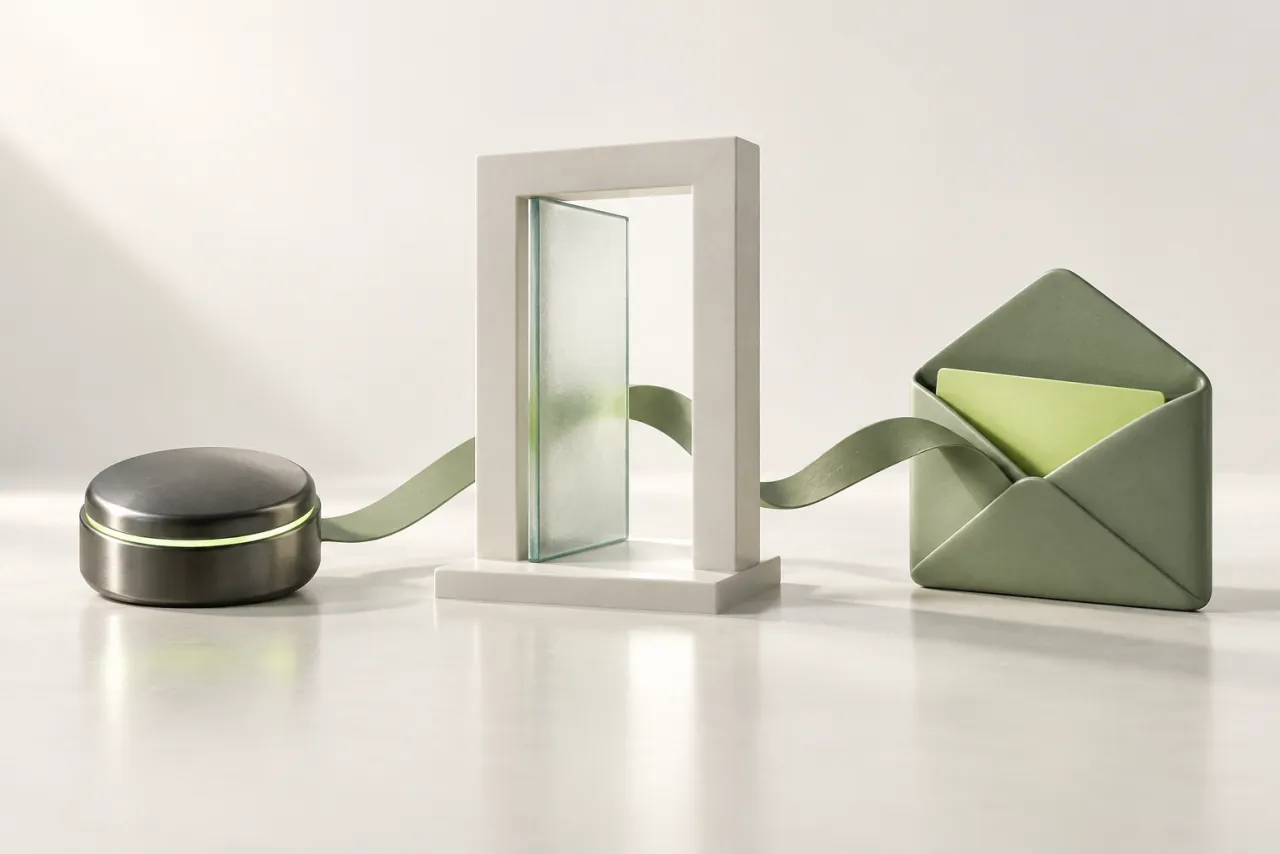 Unmarked graphite button, glass doorway and sage envelope linked by a ribbon.