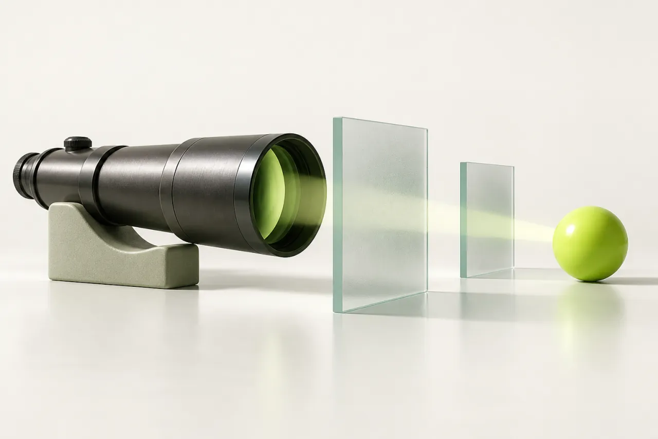 Graphite optical tube aligned through two glass apertures toward a lime sphere.