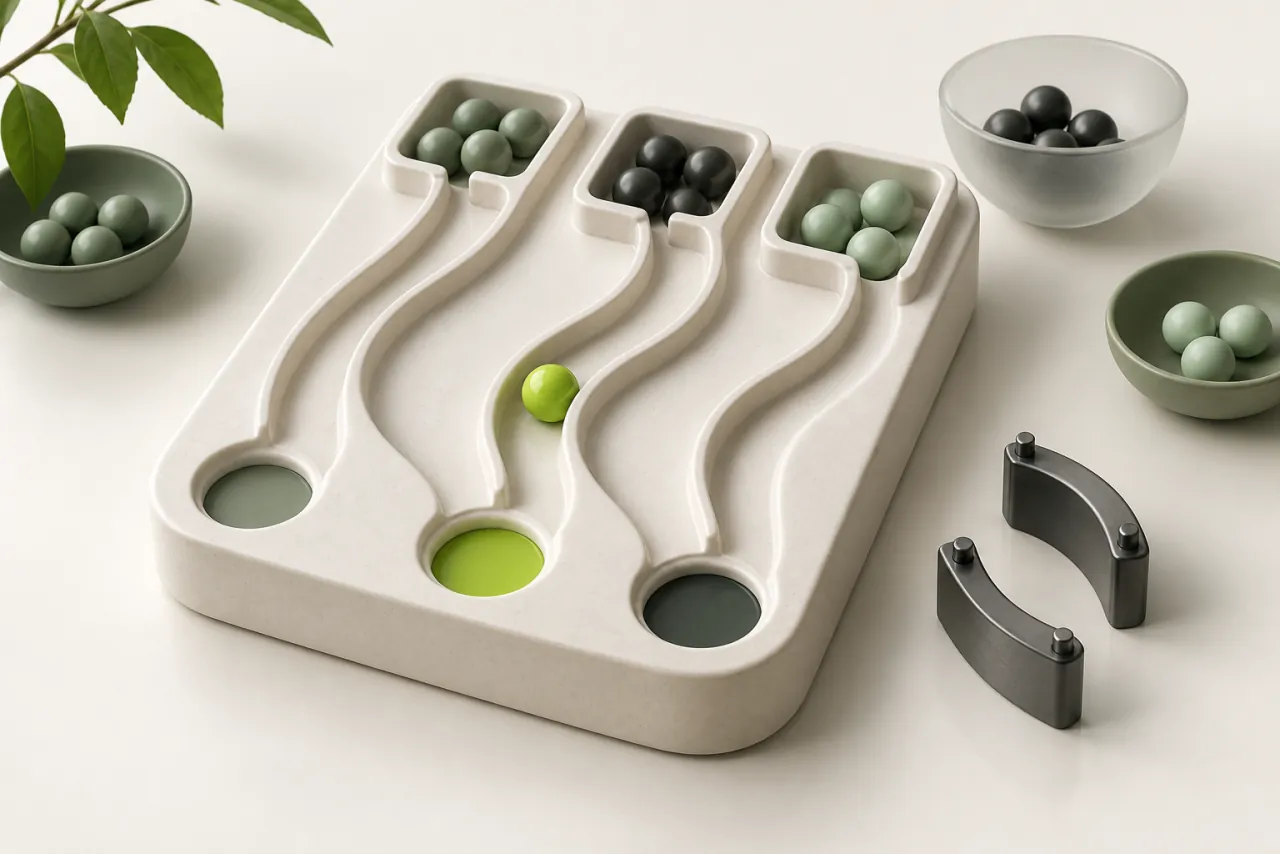 Ceramic channels separate small tokens into distinct paths, with graphite gate pieces beside the model.