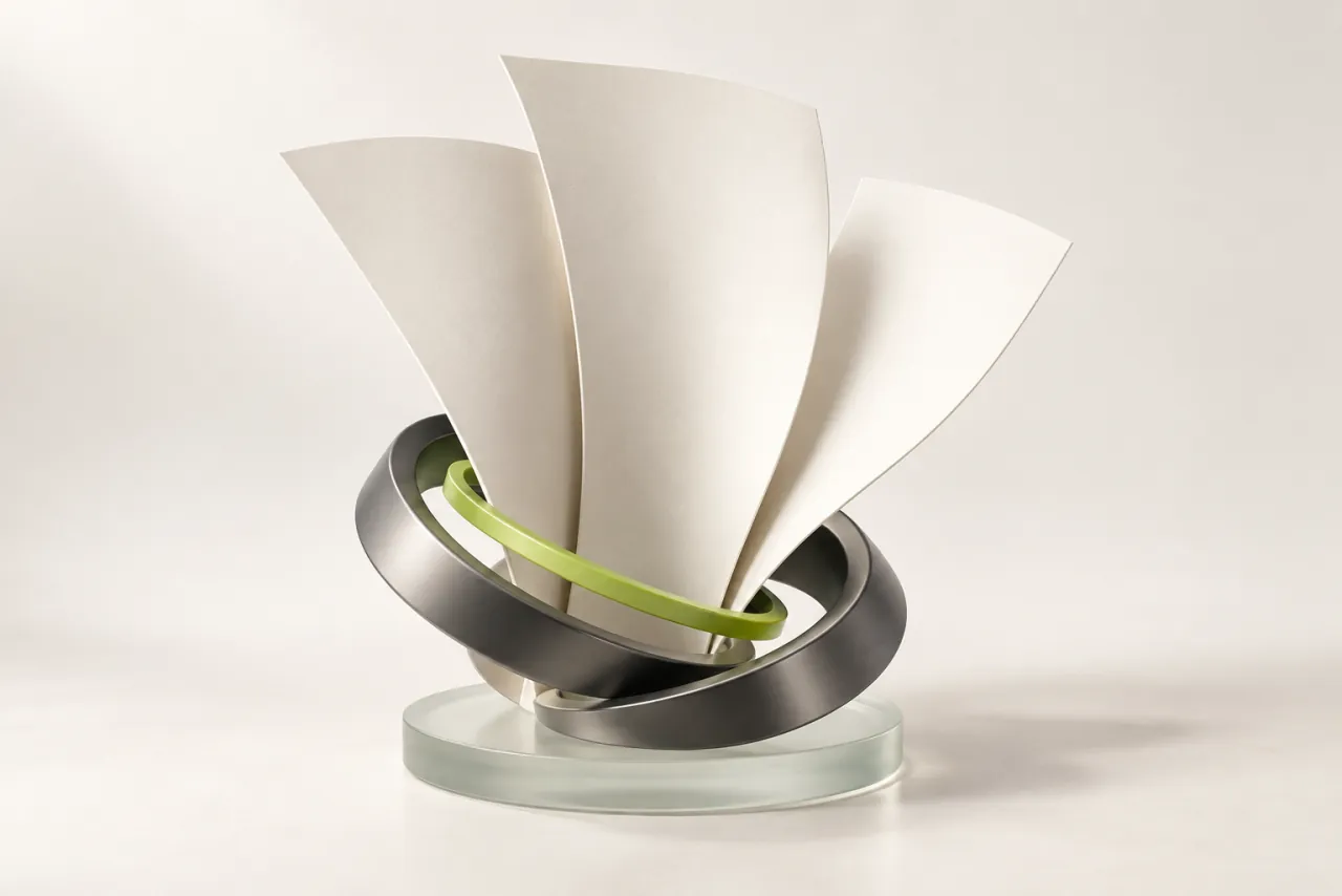 Three curved blank publication sheets surrounded by interlocking graphite and lime rings.