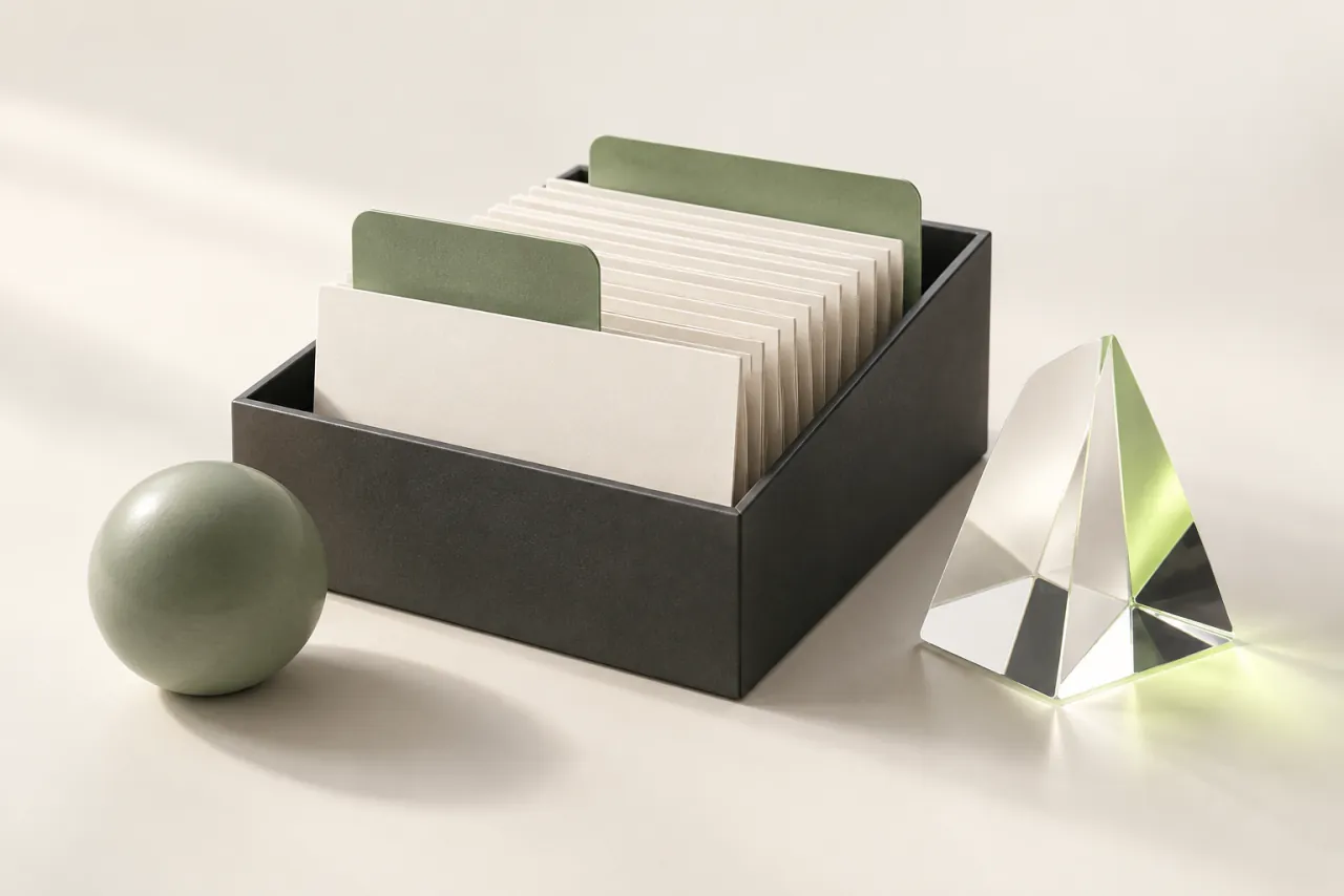 An open graphite archive box holding blank evidence cards beside a glass prism and sage sphere.