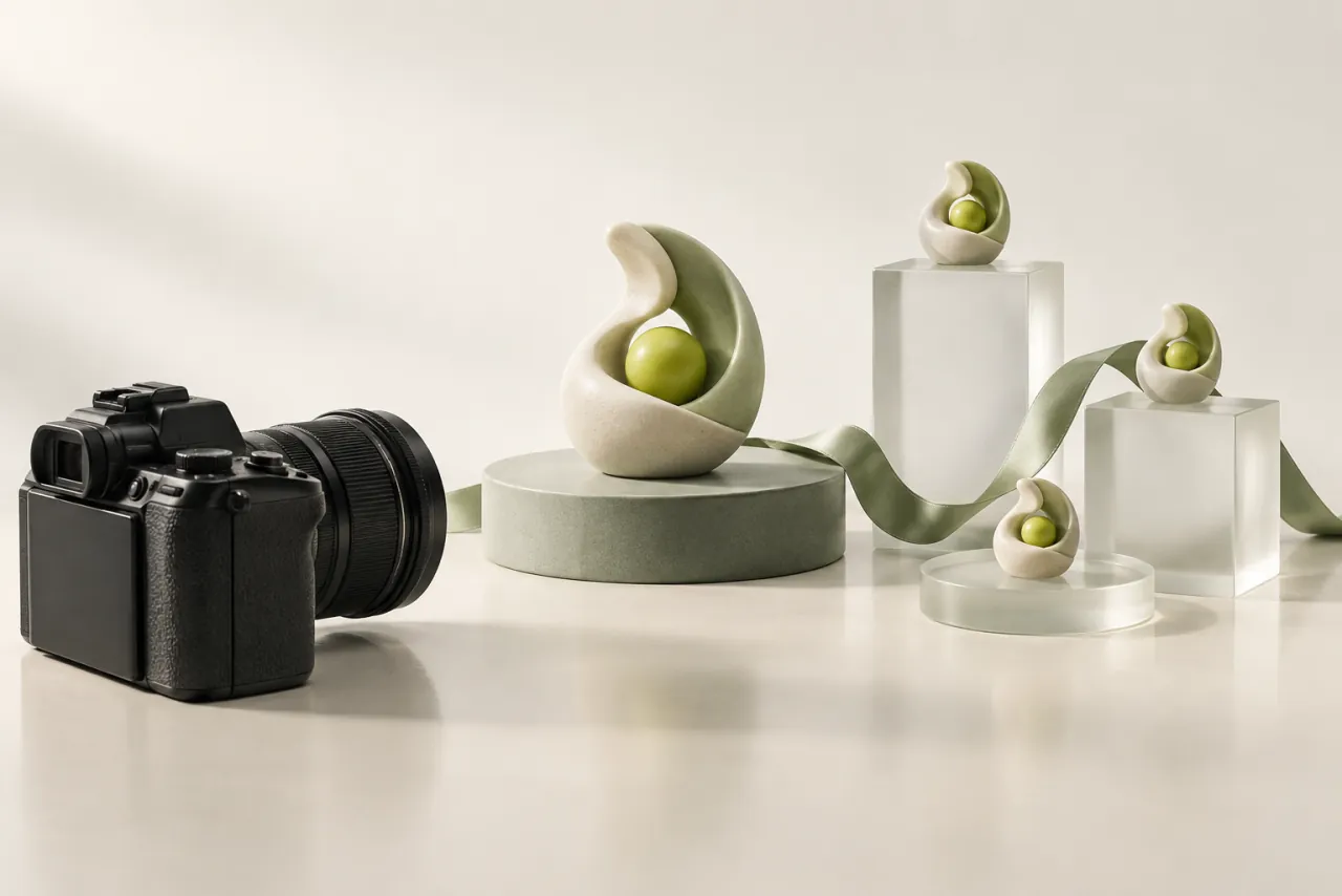 Small graphite camera beside an abstract ceramic sculpture and three frosted-glass presentation plinths.