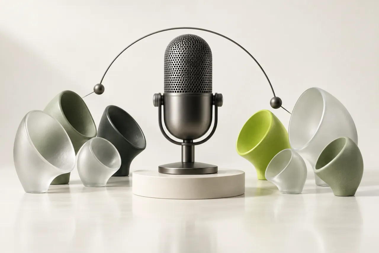 Graphite studio microphone surrounded by frosted glass and sage listening shells.