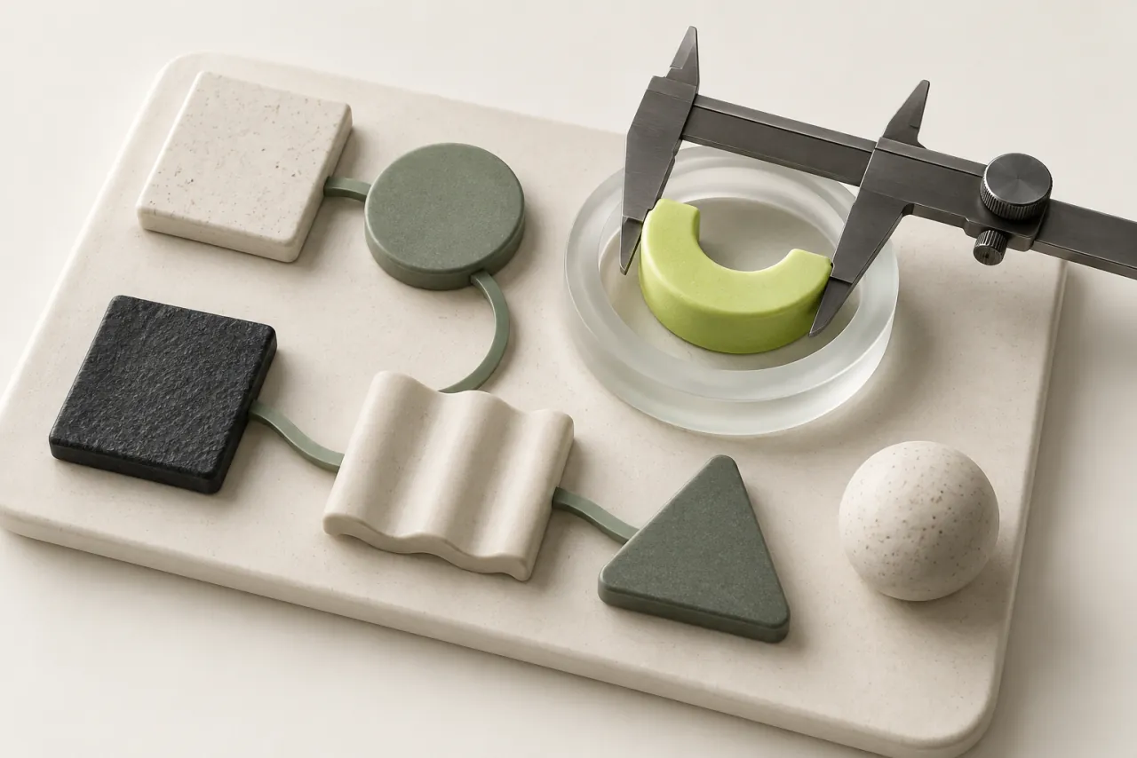 Material sample tiles beside a graphite caliper and a lime piece fitted inside a glass ring.