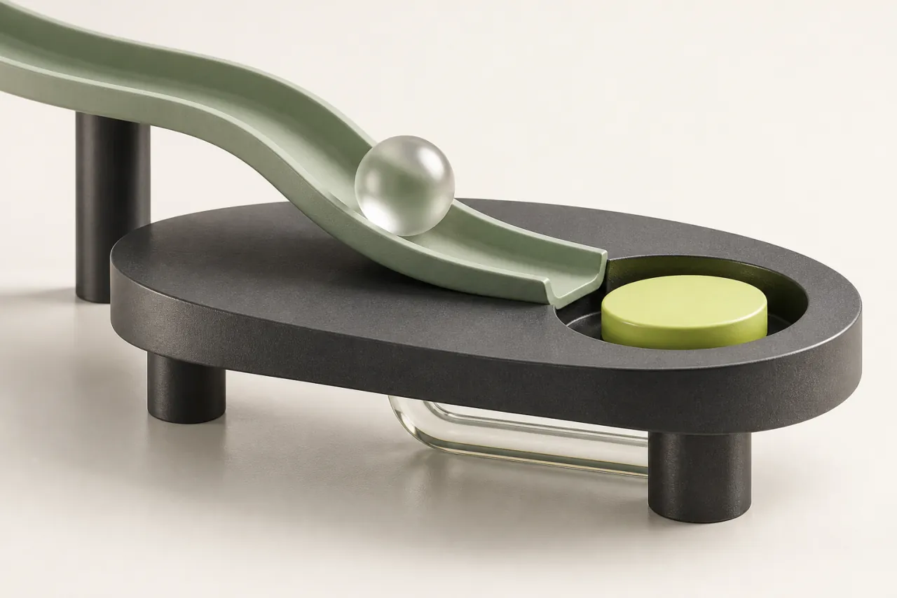 A frosted-glass sphere follows a curved channel toward a lime tile fitted into a graphite tray.